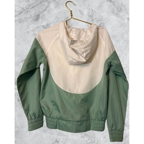 DAE Womens Colorblock Windbreaker Jacket Sage Green Cream Full Zip Hooded Small - Picture 2 of 6